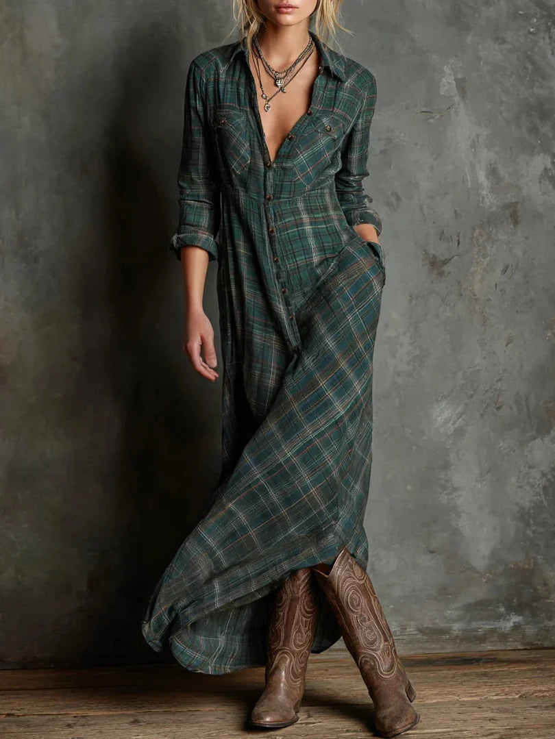 Women's checked maxi shirt dress in green plaid with button-through front and collared neckline