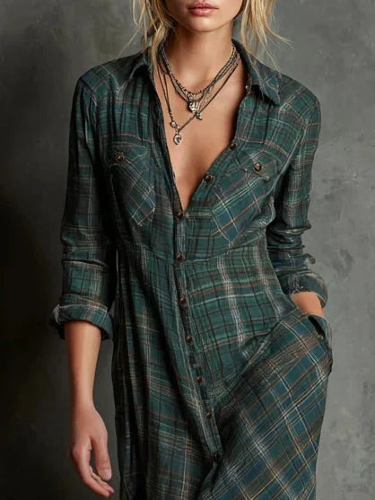 Green plaid maxi shirt dress with long sleeves and roll-tab cuffs for casual styling