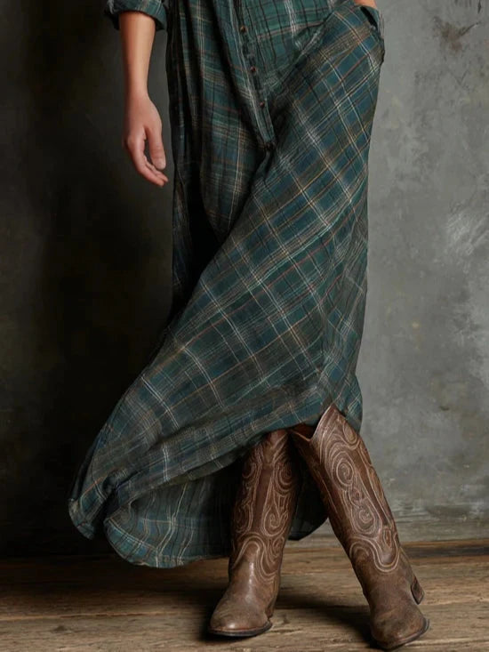 Flowing checked maxi dress with button-through closure and structured collar for versatile wear