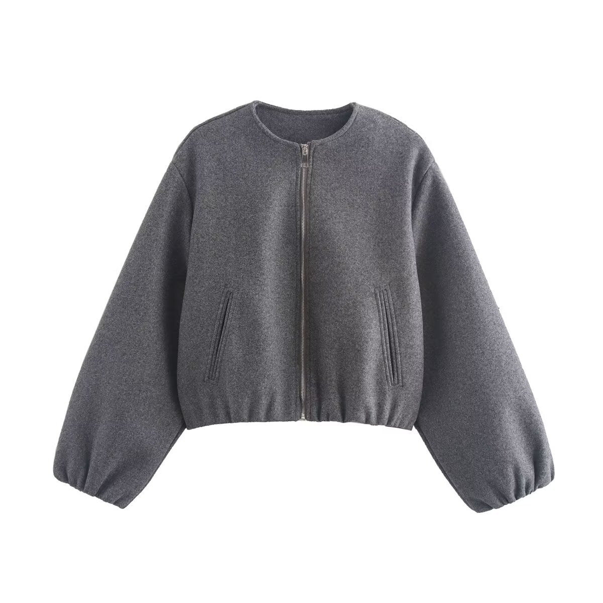 Women's cropped bomber jacket in grey with elasticated hem, cuffs and voluminous sleeves on white background
