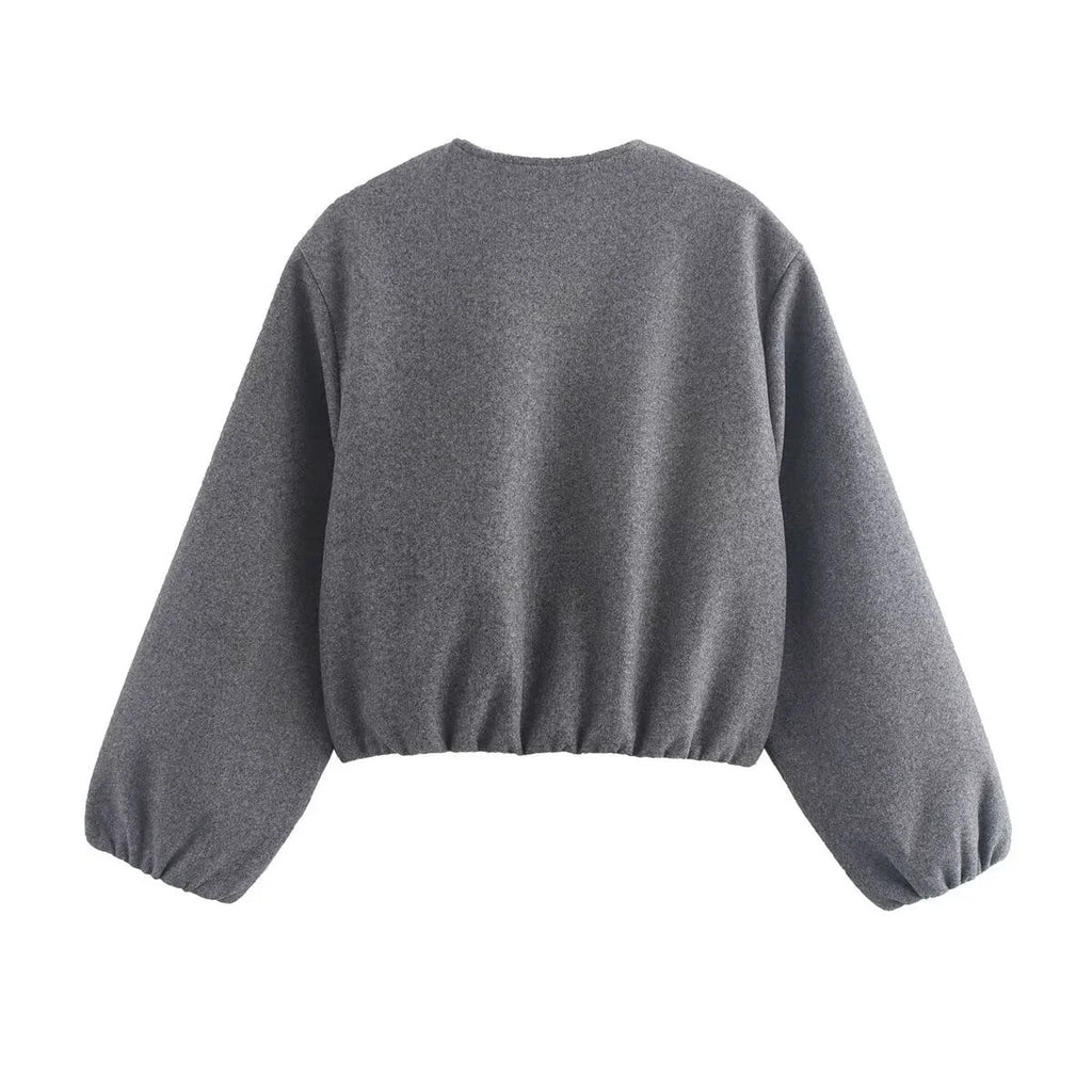 Grey cropped bomber jacket with collarless zip-up front and two front pockets for casual wear
