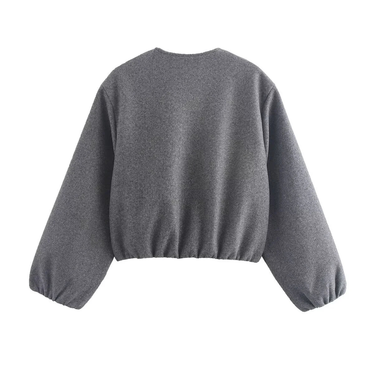 Grey cropped bomber jacket with collarless zip-up front and two front pockets for casual wear