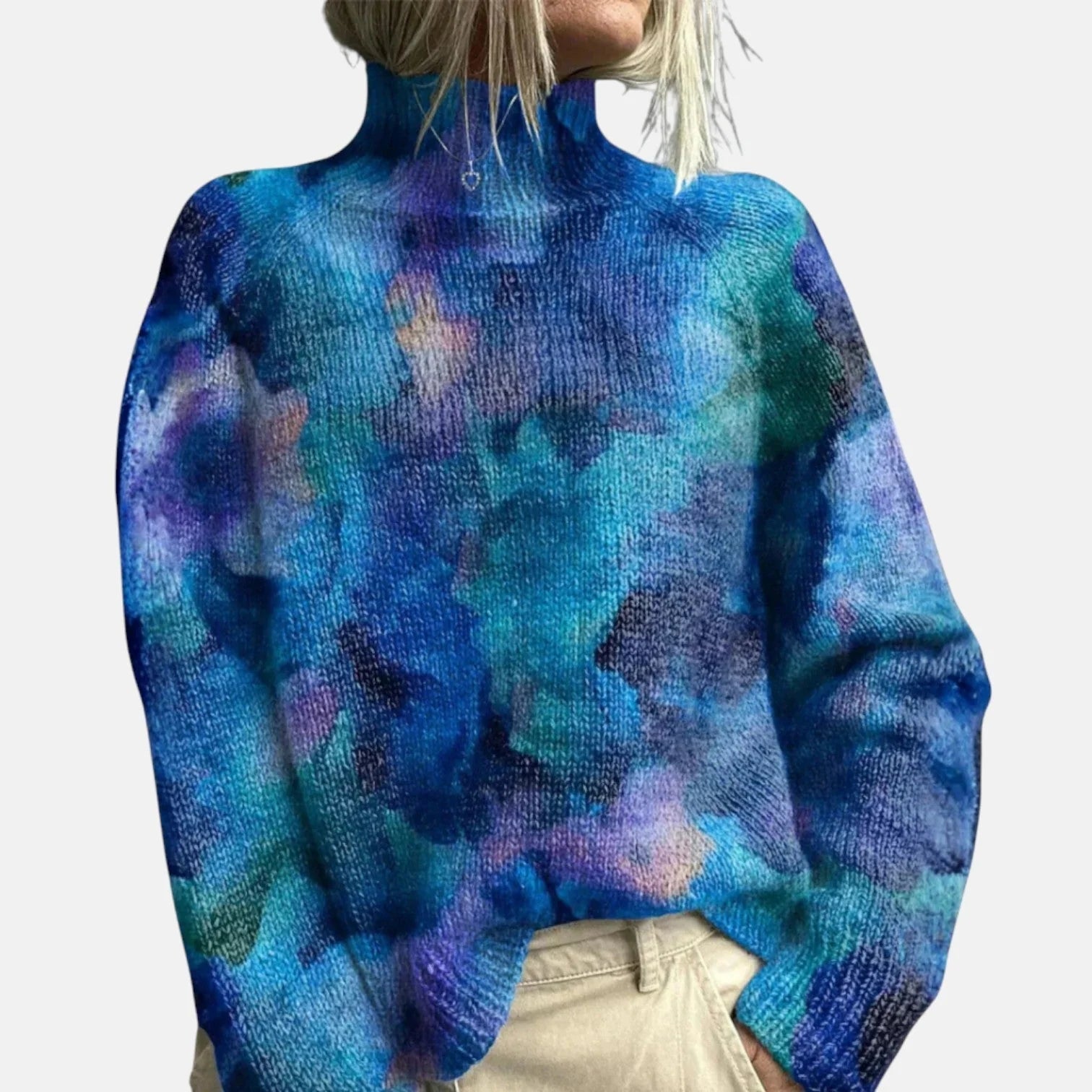 Close view of embroidered nature scene on women's turtleneck jumper showing birds, hares, mushrooms and floral details