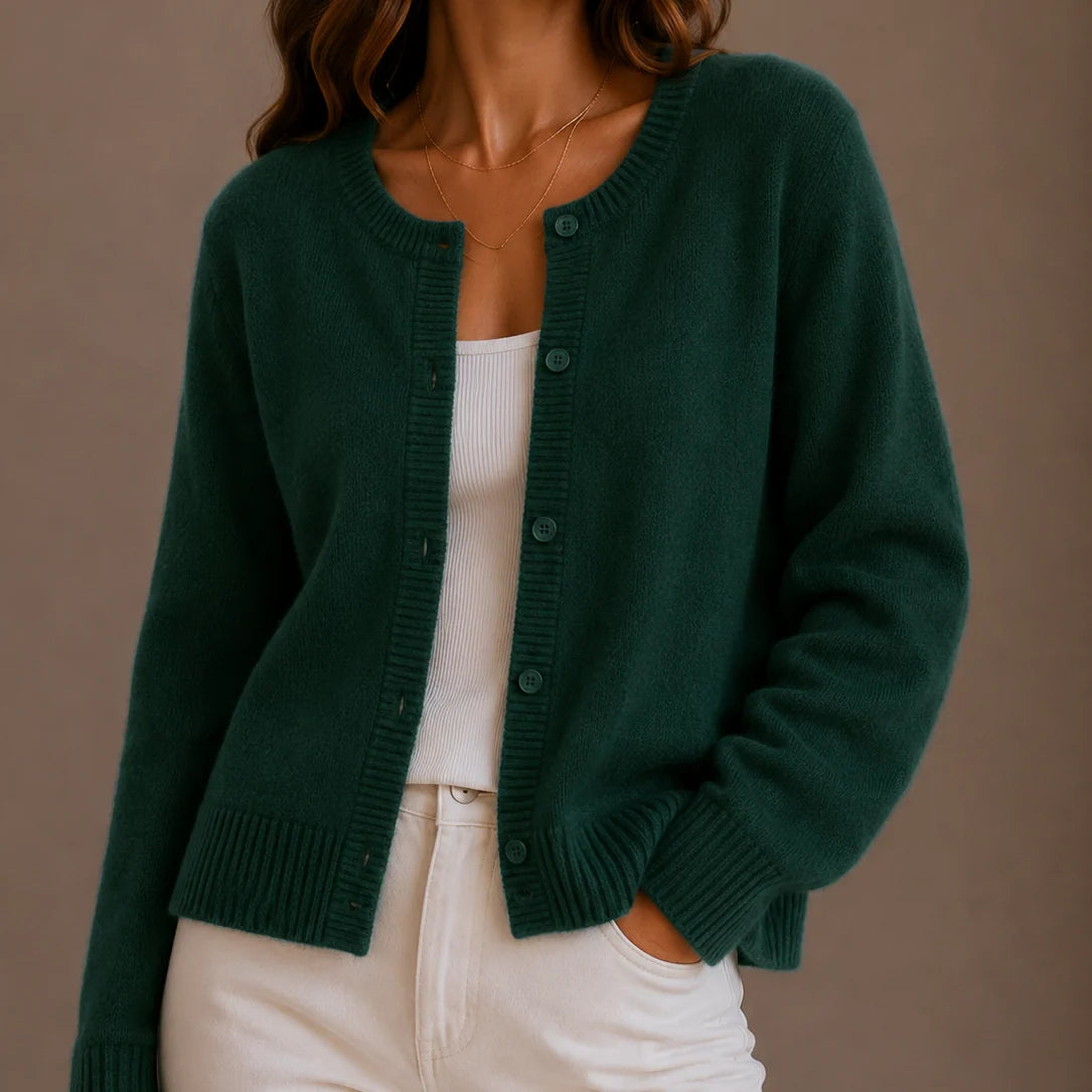 Women's round neck cardigan layered over basics for versatile everyday wear