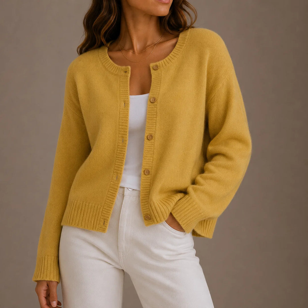 Women's button-up cardigan styled open over casual basics for layered everyday look