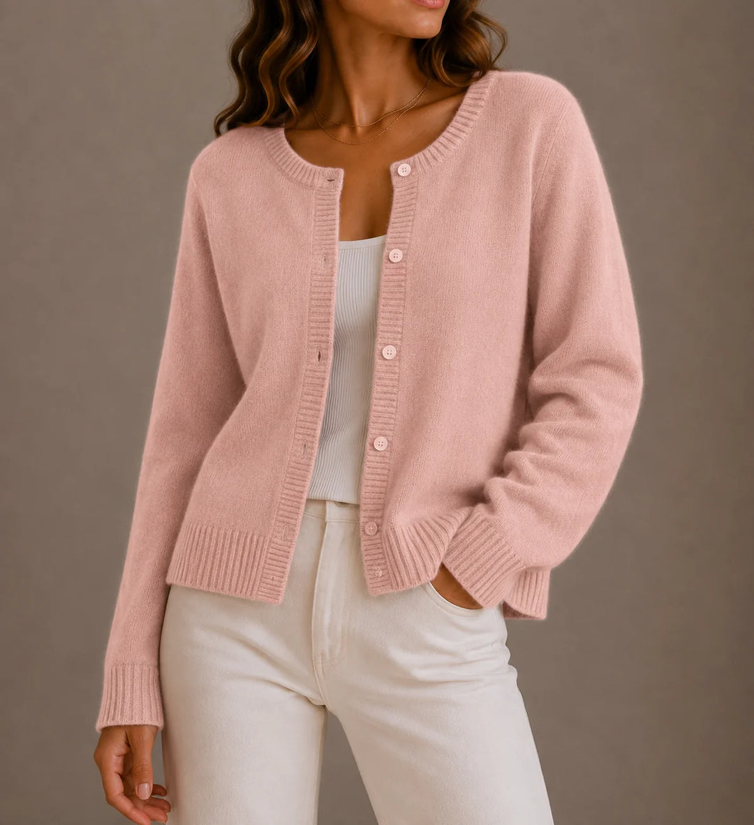 Full-length view of women's knit cardigan showing relaxed fit and button-up front
