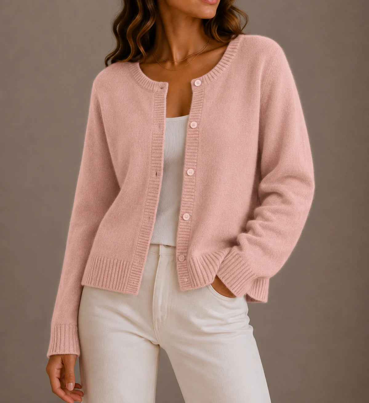 Full-length view of women's knit cardigan showing relaxed fit and button-up front