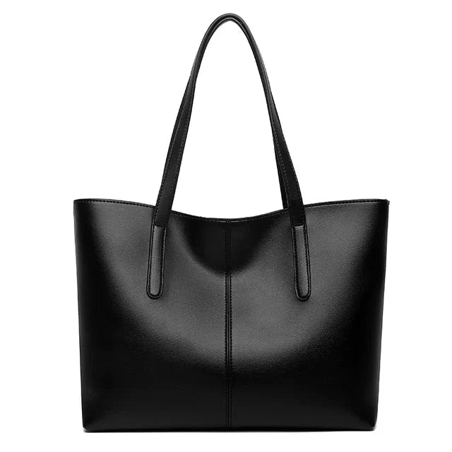 Women's tote bag in black with double shoulder straps and centre seam detail, front view