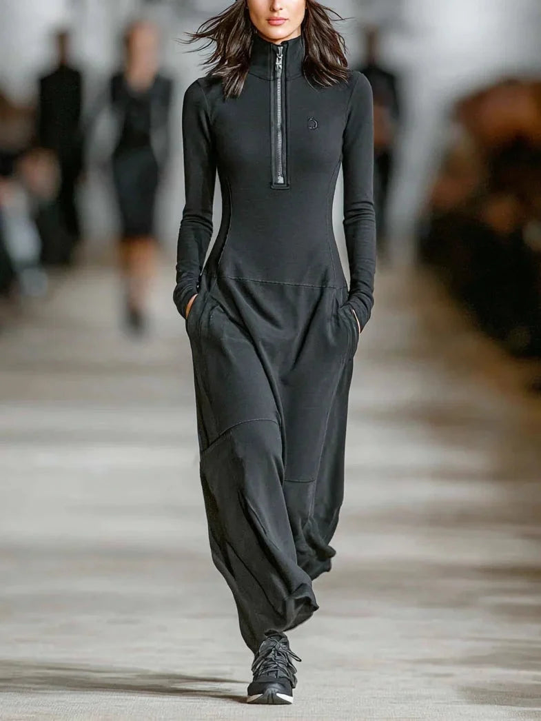 Women's zip-up track maxi dress in charcoal with high neck and relaxed fit silhouette