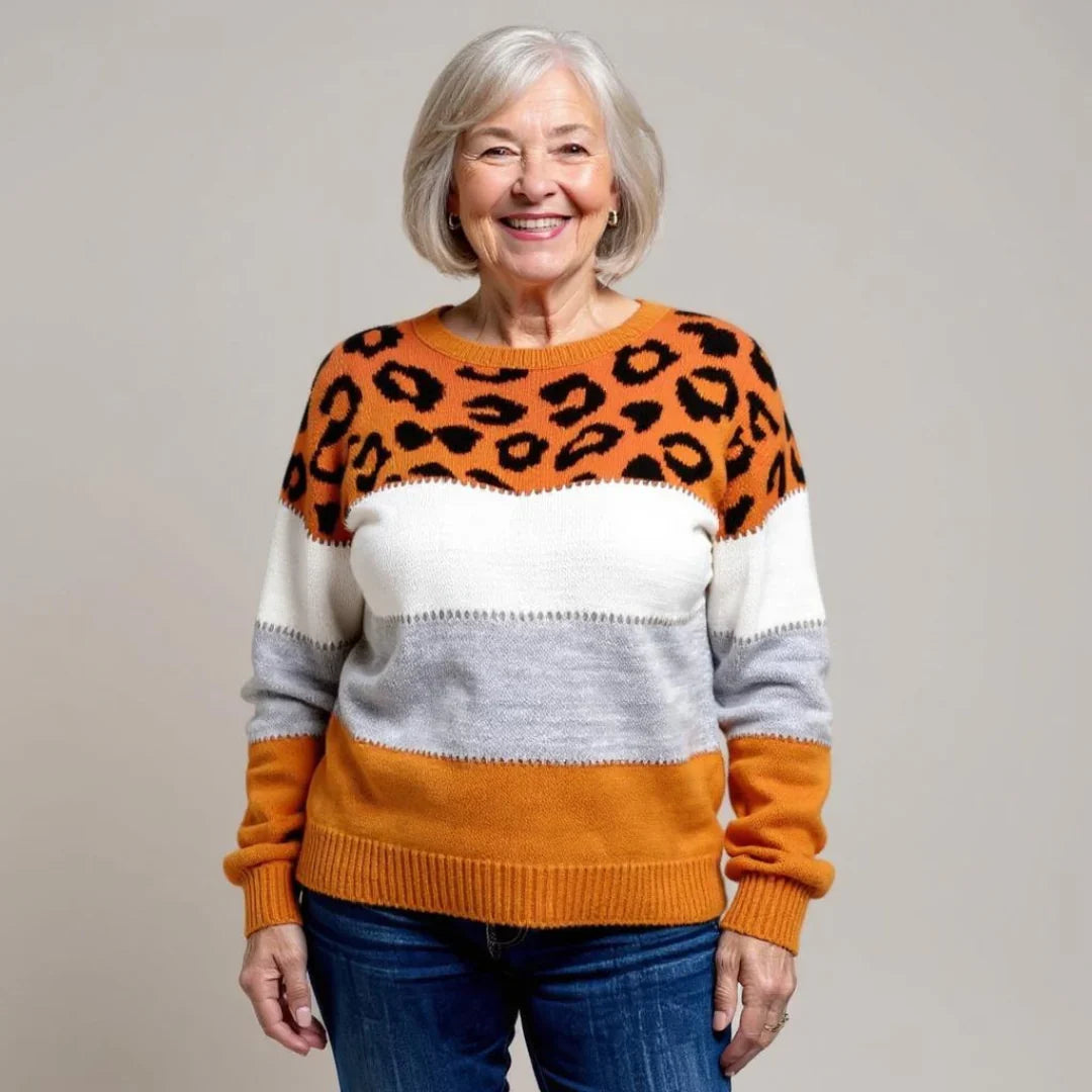 Casual styling of women's leopard print colour block jumper for everyday weekend wear