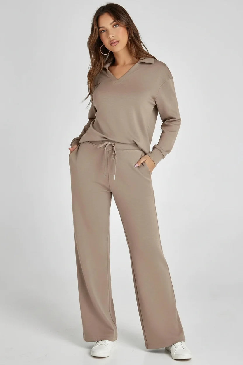 Women's lounge set with V-neck long sleeve top and wide leg trousers in taupe