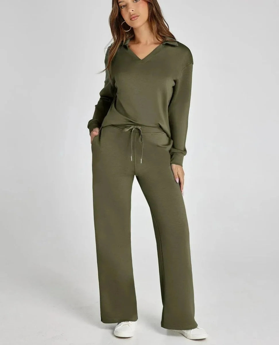 Close-up of drawstring closure and waistband detail on lounge set trousers