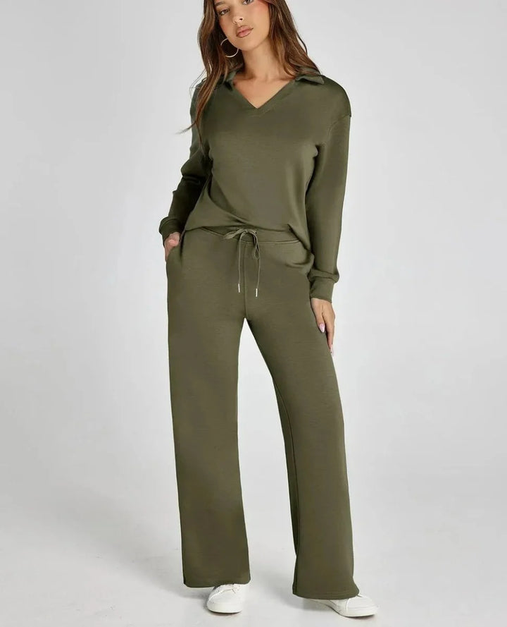 Close-up of drawstring closure and waistband detail on lounge set trousers