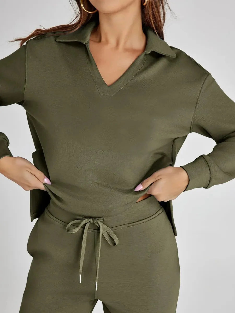 Women's two-piece lounge set in taupe showing relaxed fit silhouette