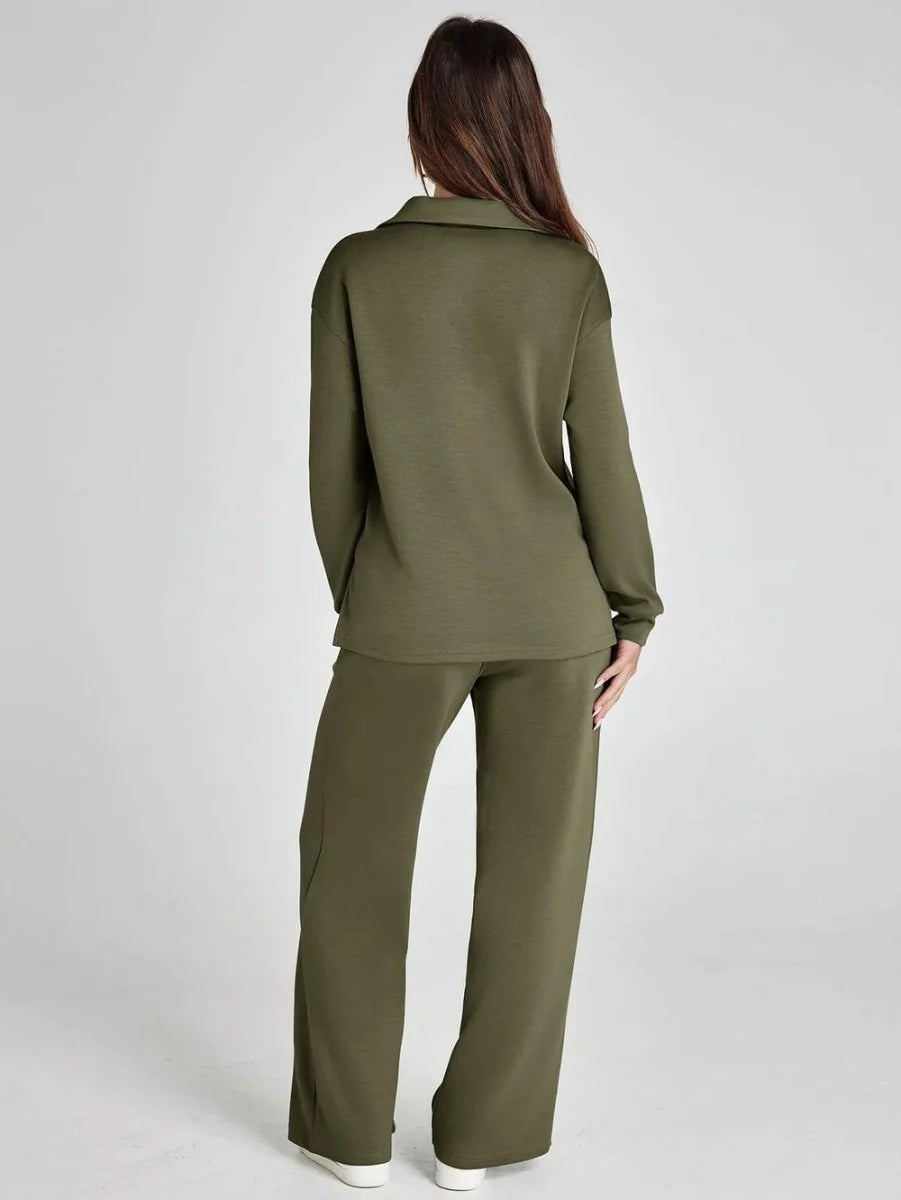 Detail of V-neck collar and long sleeves on lounge set top