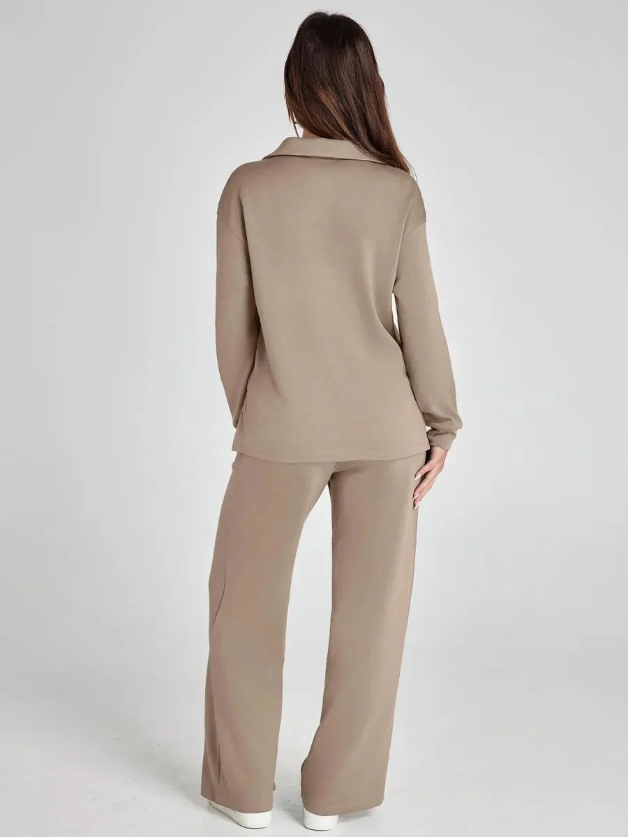 Close-up of V-neck collar and ribbed cuffs on women's lounge set top