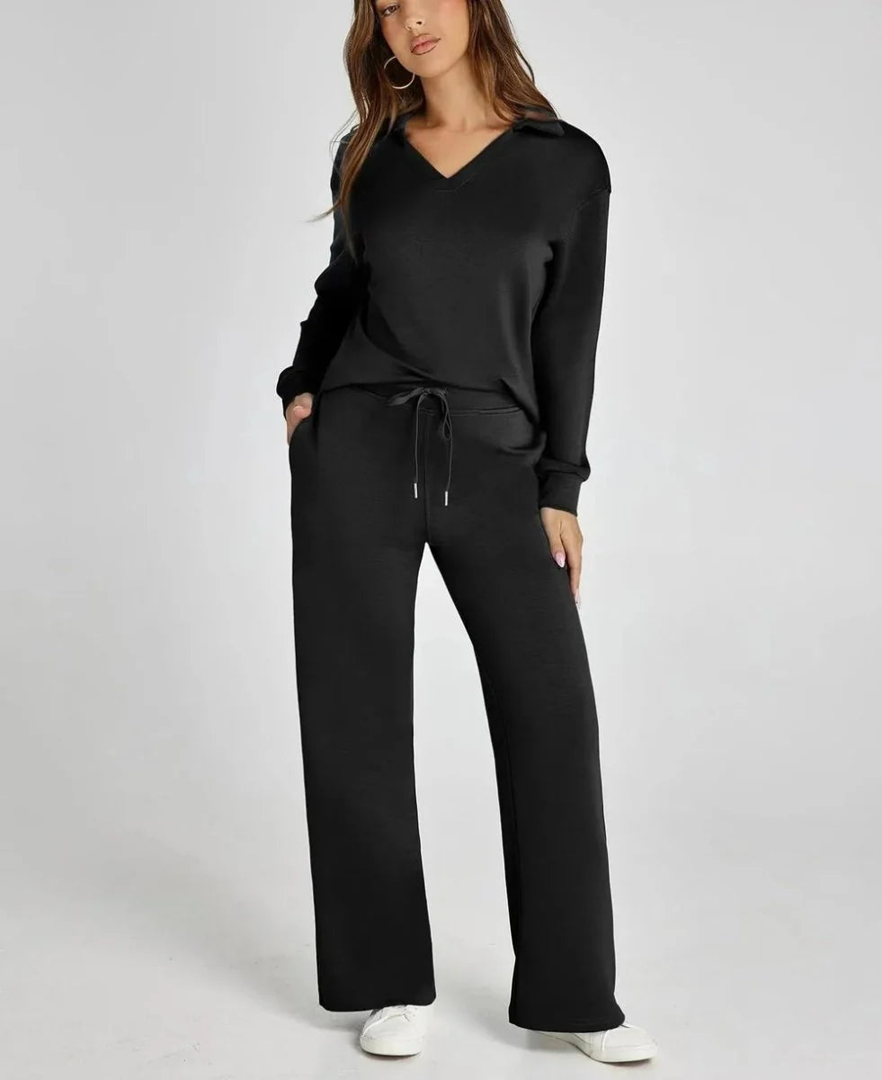 Wide leg trousers with adjustable drawstring waist in taupe lounge set