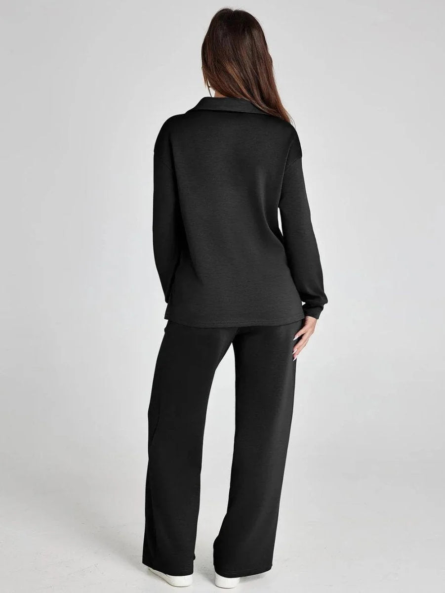 Back view of two-piece lounge set with long sleeve top and wide leg trousers