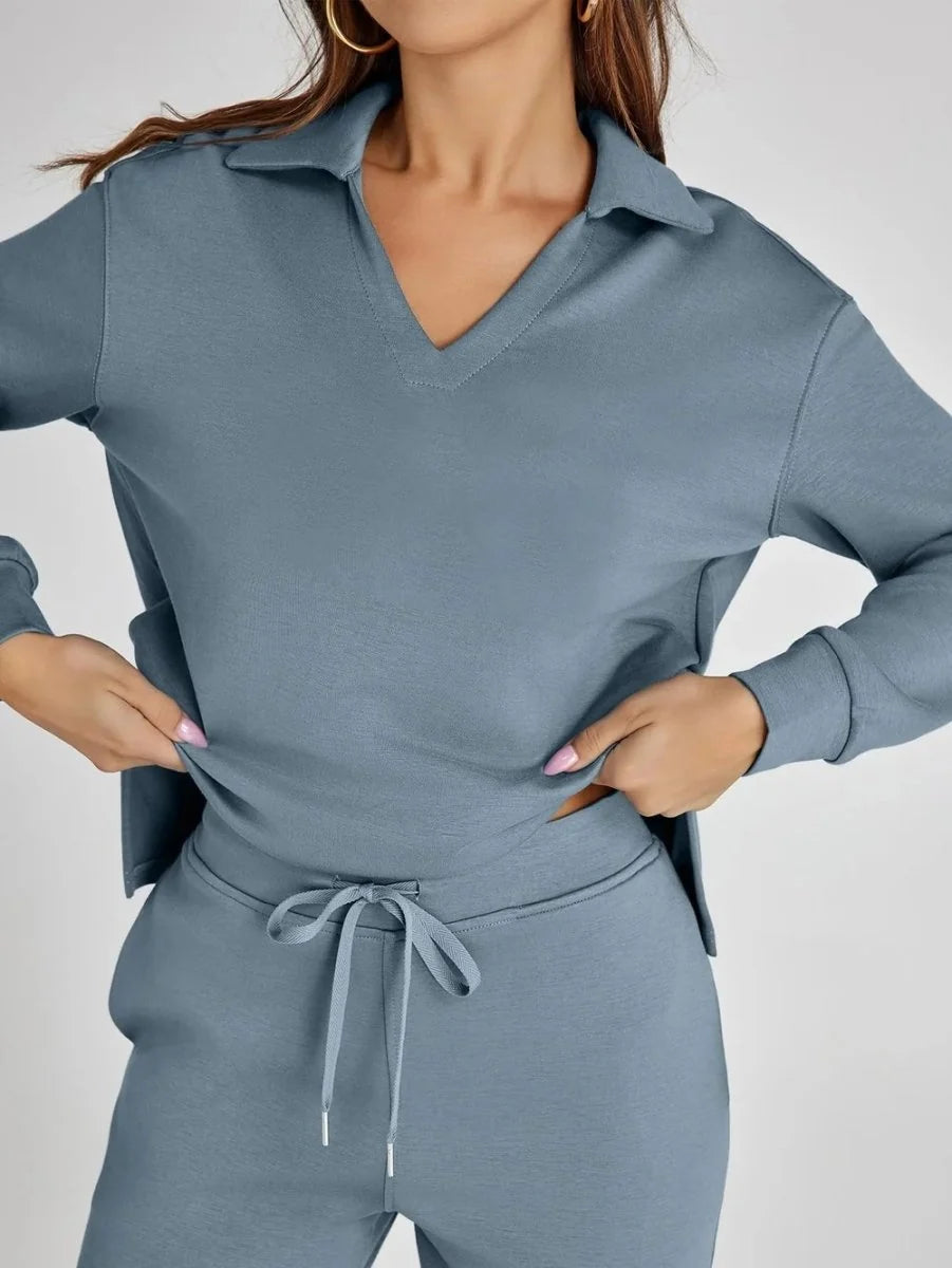 Women's lounge set styled with white trainers for casual everyday wear