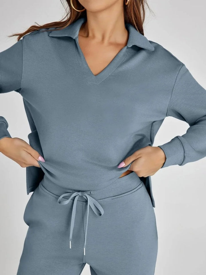 Women's lounge set styled with white trainers for casual everyday wear