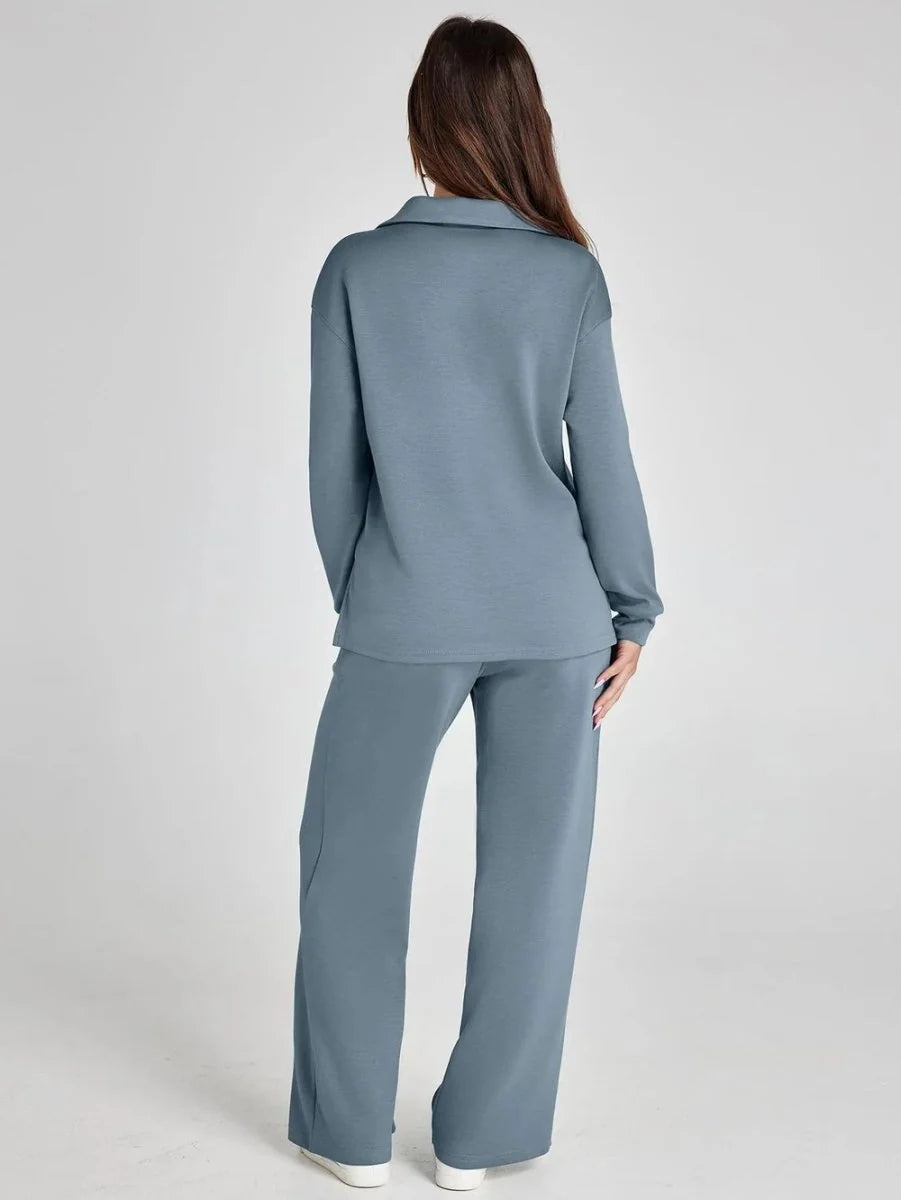Front view of taupe lounge set featuring V-neck top and wide leg trousers