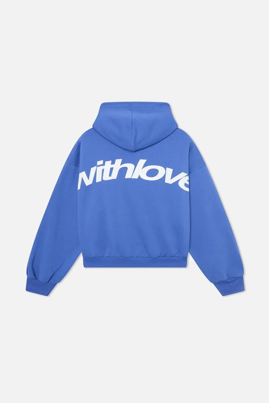 Overhead flat lay of women's oversized hoodie showing boxy cut