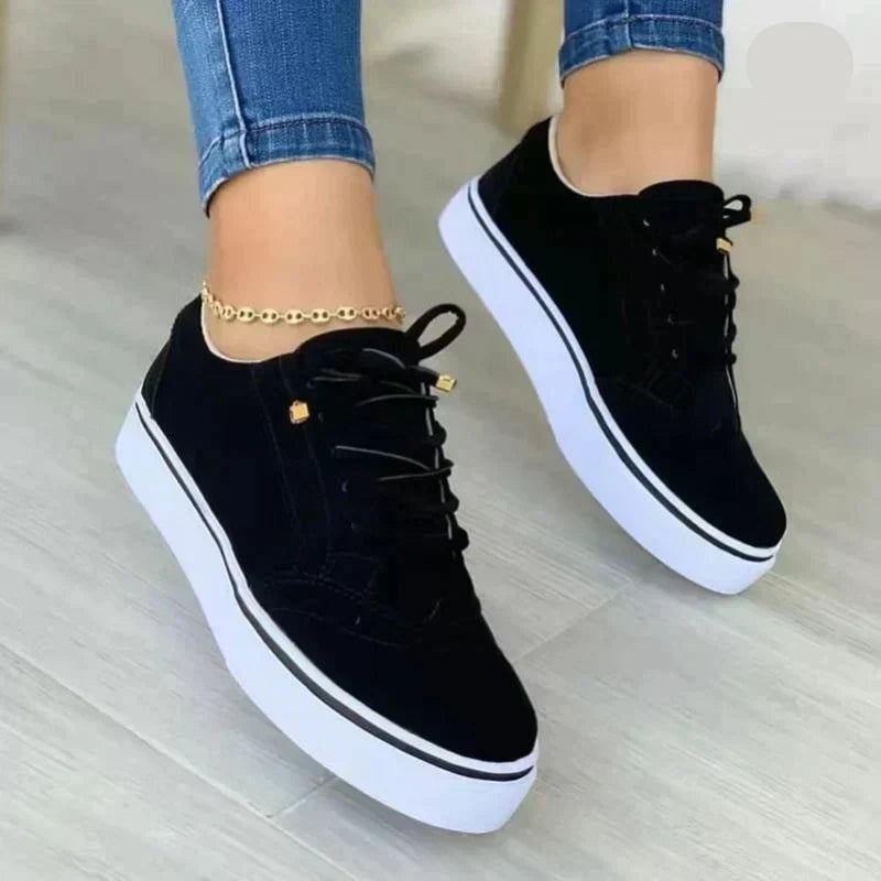 Side view of women's platform trainers featuring contrast trim and structured upper