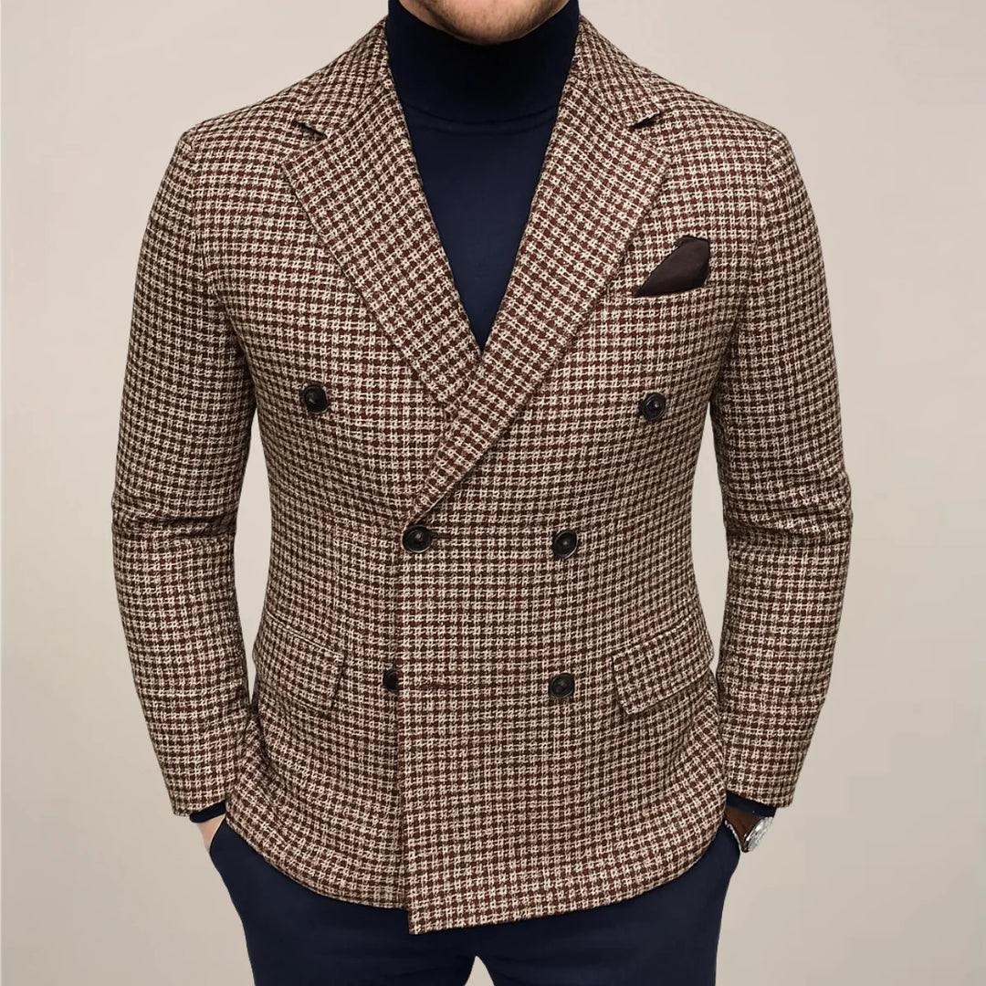 Men's double-breasted houndstooth blazer in brown and cream check pattern with notch lapels and six-button closure