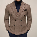Men's double-breasted houndstooth blazer in brown and cream check pattern with notch lapels and six-button closure
