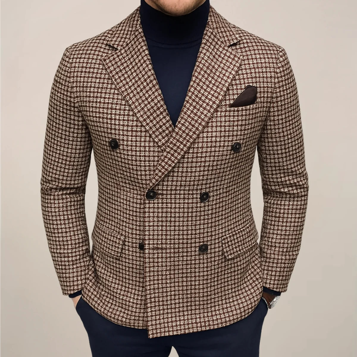 Men's double-breasted houndstooth blazer in brown and cream check pattern with notch lapels and six-button closure