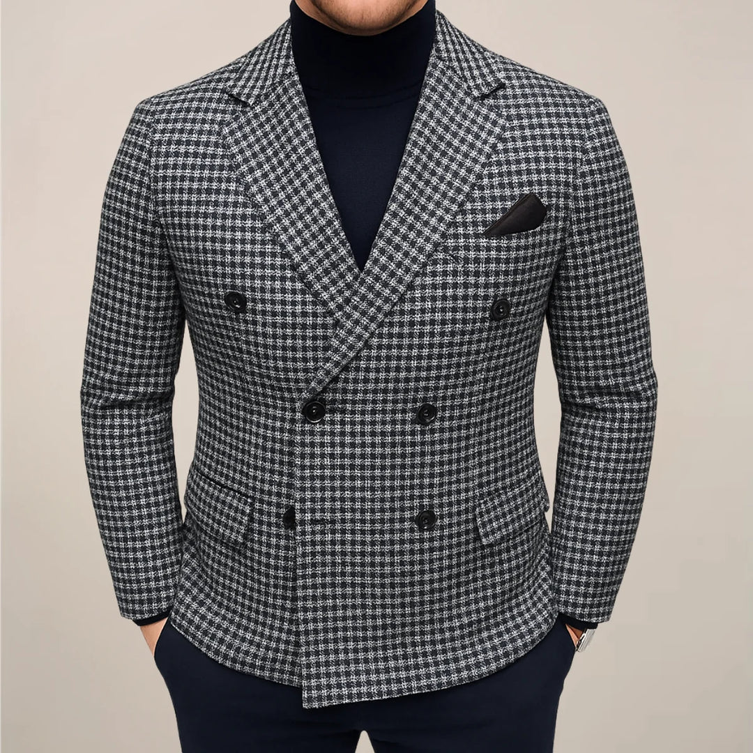 Close-up view of men's tailored houndstooth blazer showing structured fit and classic check pattern detailing