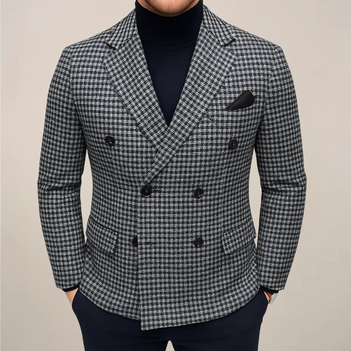 Close-up view of men's tailored houndstooth blazer showing structured fit and classic check pattern detailing