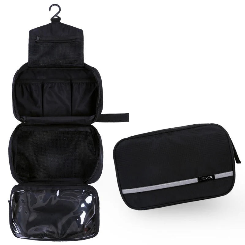 Men's hanging toiletry bag shown open with multiple compartments and mesh pockets for organised travel storage