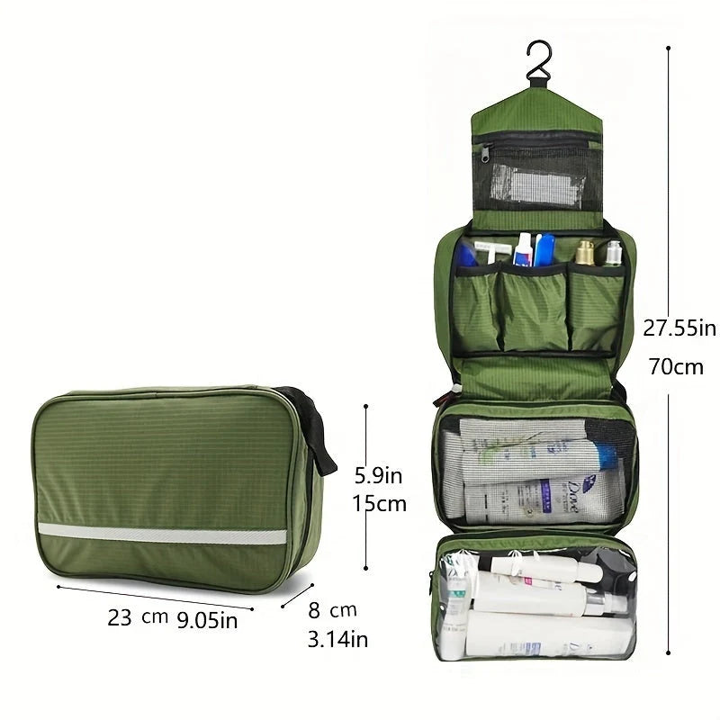 Compact hanging toiletry organiser with water-resistant finish and reflective detailing for travel convenience