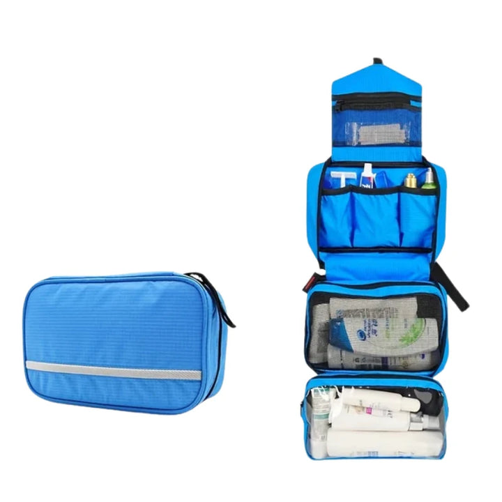 Black hanging toiletry bag exterior view showing compact rectangular shape with zip closure and reflective detail