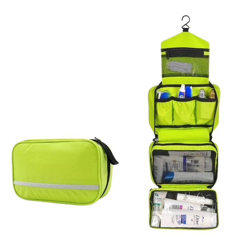 Interior layout of men's toiletry bag displaying elastic loops, mesh sections, and clear vinyl compartment