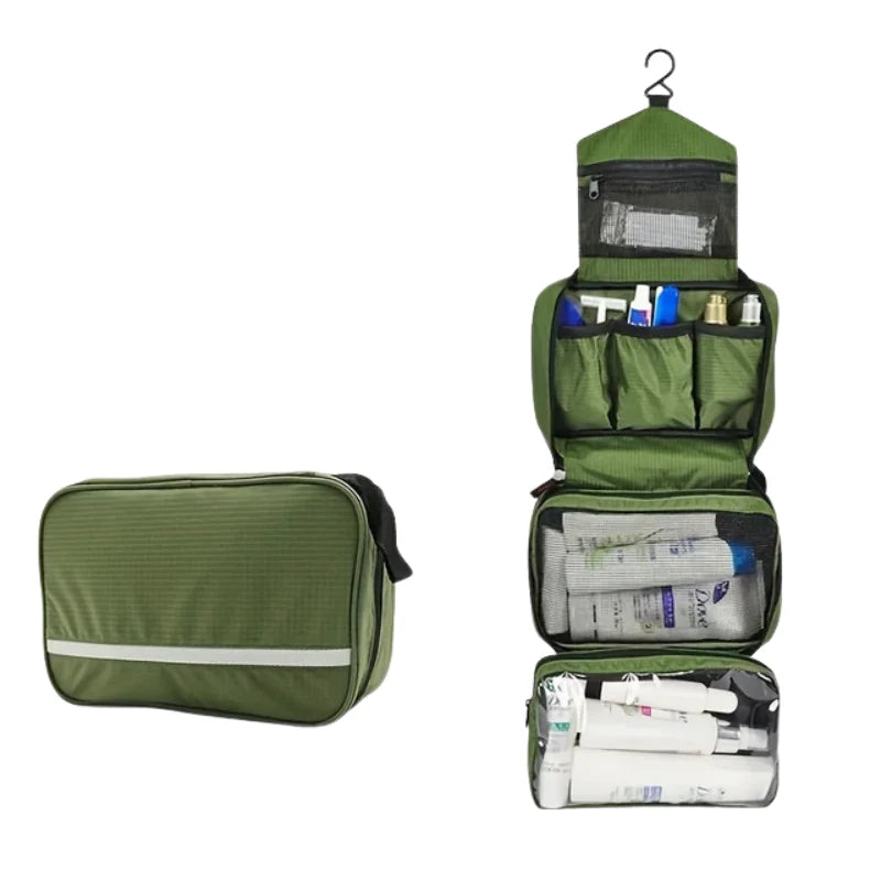 Hanging toiletry bag open to reveal three-tier organisation system with hook attachment for travel use