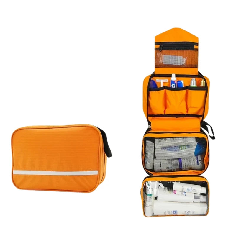 Compact men's toiletry bag shown closed with reflective stripe and zip closure for secure storage