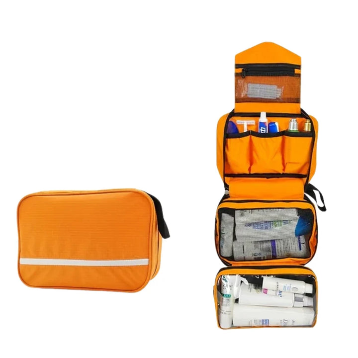 Compact men's toiletry bag shown closed with reflective stripe and zip closure for secure storage