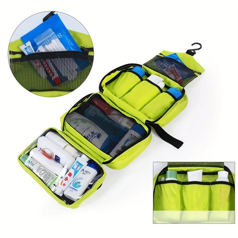Hanging travel toiletry bag with hook attachment and zip closure for compact storage in luggage