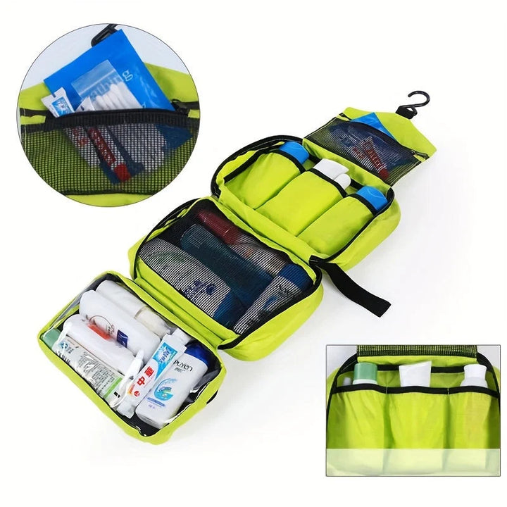 Hanging travel toiletry bag with hook attachment and zip closure for compact storage in luggage