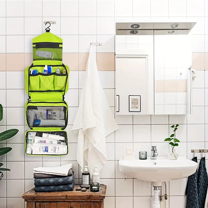 Men's toiletry bag open view displaying clear vinyl section and divided compartments for easy access