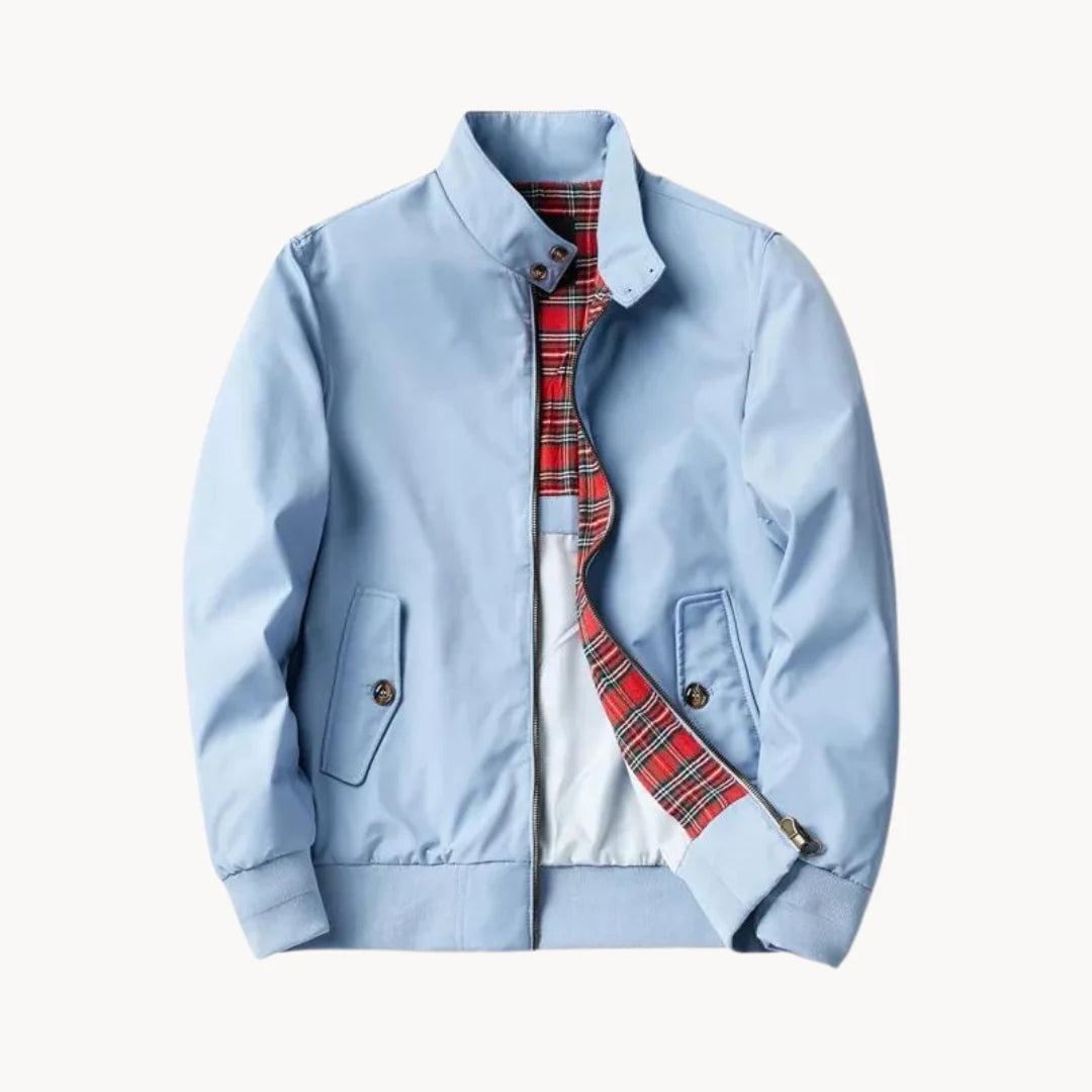 Men's Harrington jacket hanging view showing ribbed trims and flap pocket detailing