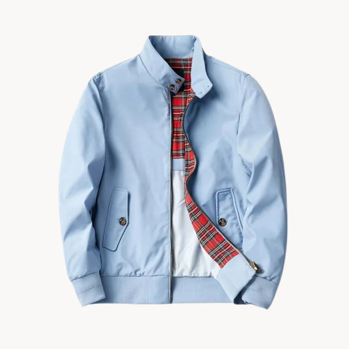 Men's Harrington jacket hanging view showing ribbed trims and flap pocket detailing