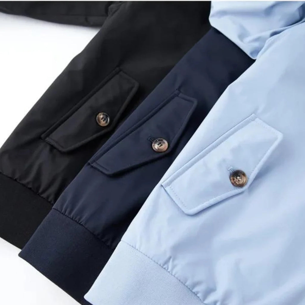 Close-up of men's Harrington jacket flap pockets with button fastenings and ribbed hem