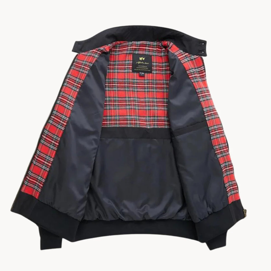 Men's Harrington jacket flat lay showing full-length zip closure and structured bomber silhouette
