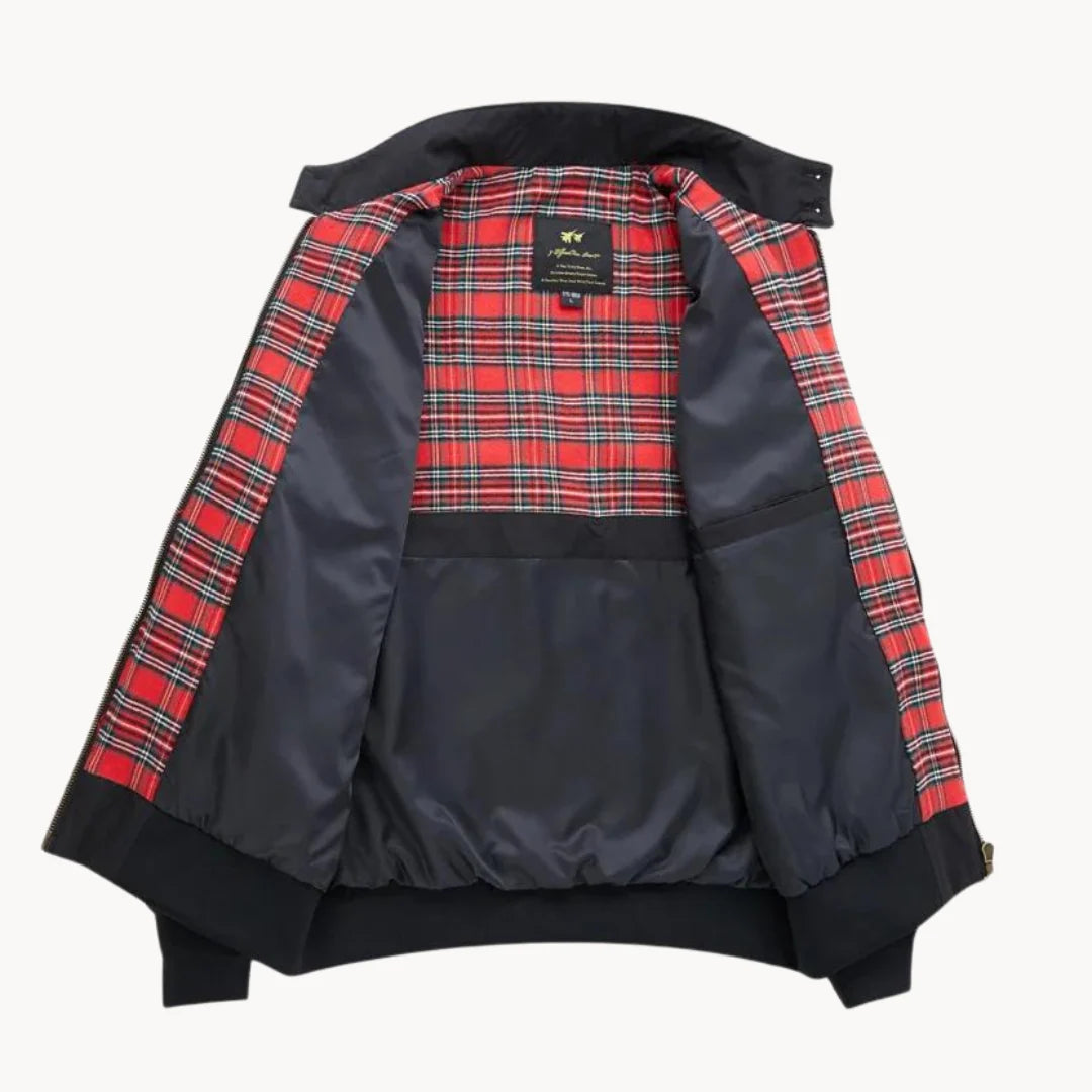 Men's Harrington jacket flat lay showing full-length zip closure and structured bomber silhouette