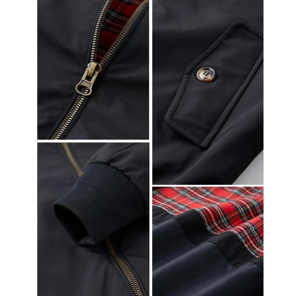 Men's Harrington jacket back view showing ribbed hem and smooth outer shell finish