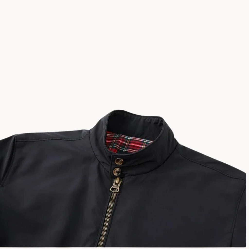 Detail shot of men's Harrington jacket stand collar with double-button fastening and zip