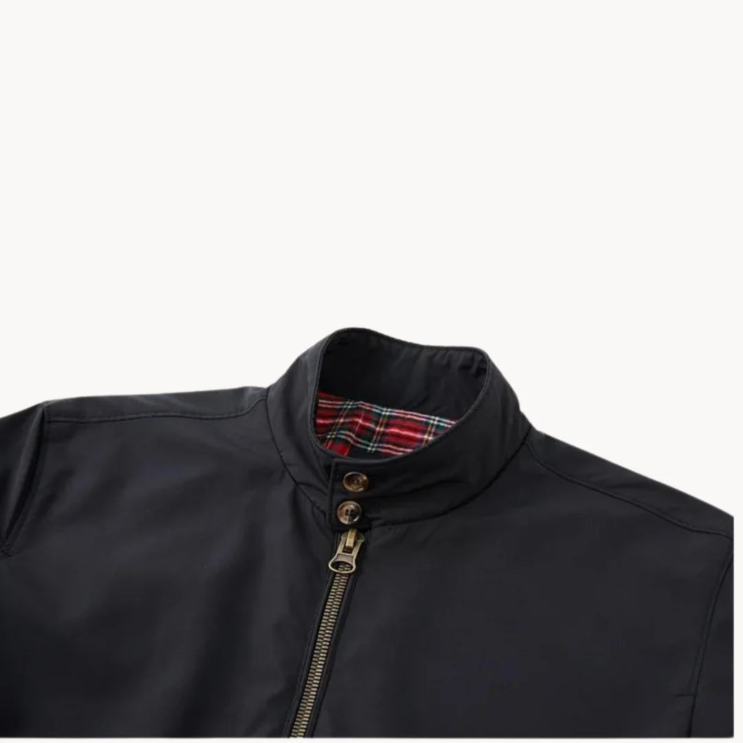 Detail shot of men's Harrington jacket stand collar with double-button fastening and zip